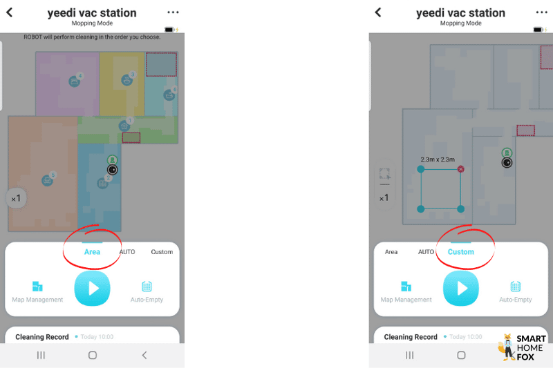 Einzelraumreinigung wird in der Yeedi App ausgewählt.